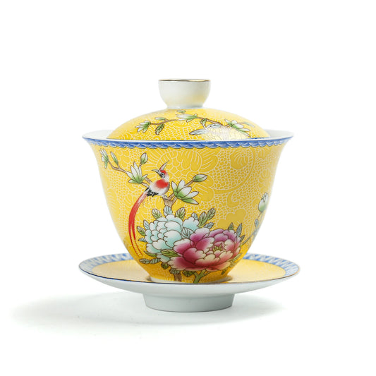 Porcelain Gongfu Tea Peony Gaiwan 135ml Yellow