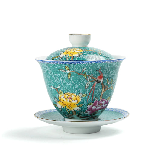 Porcelain Gongfu Tea Peony Gaiwan 135ml Dark Green