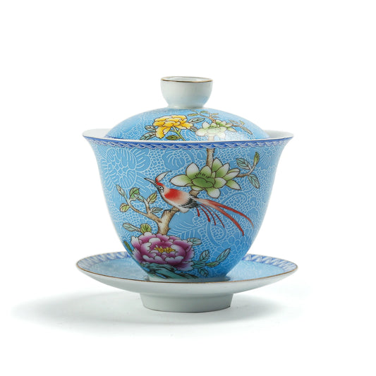 Porcelain Gongfu Tea Peony Gaiwan 135ml Skyblue