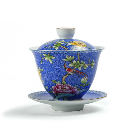 Porcelain Gongfu Tea Peony Gaiwan 135ml Dark Blue