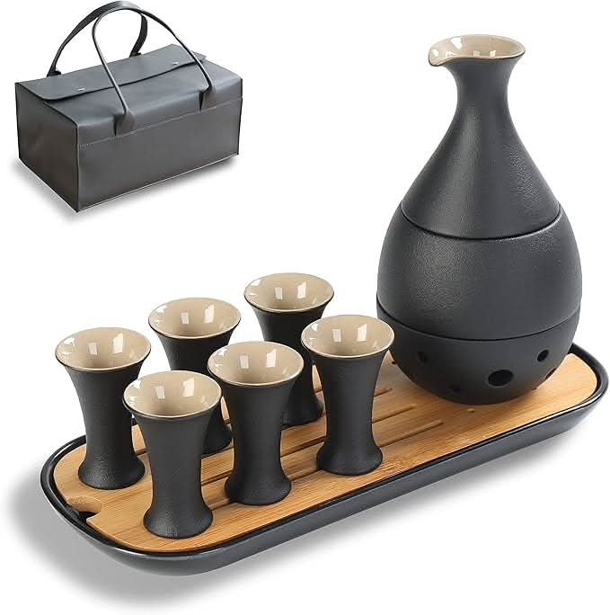 Traditional Japanese Sake Set Luxury Leather Bag Set Obsidian