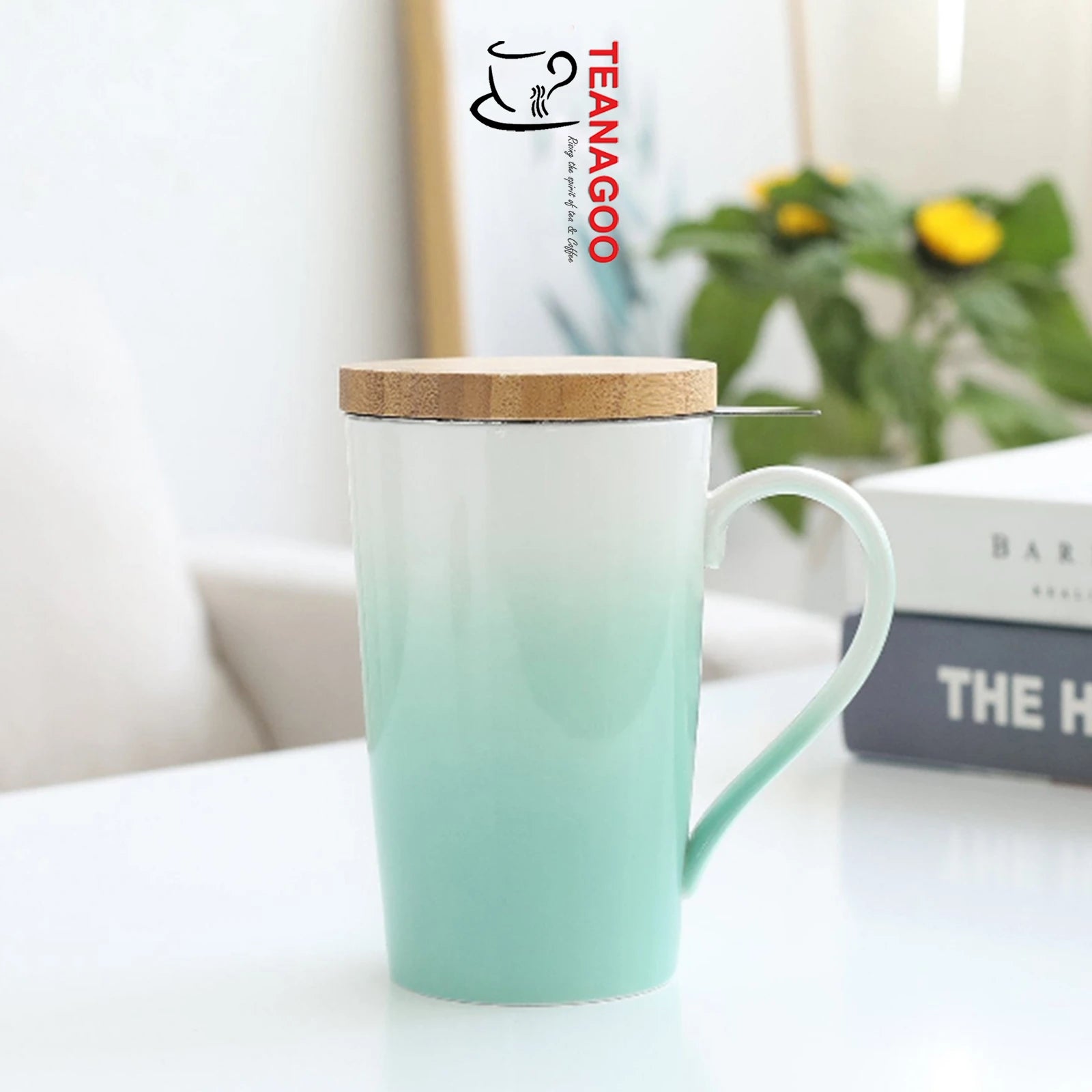 Porcelain Gradient Color Brewing Tea Mug with Lid, Turquoise