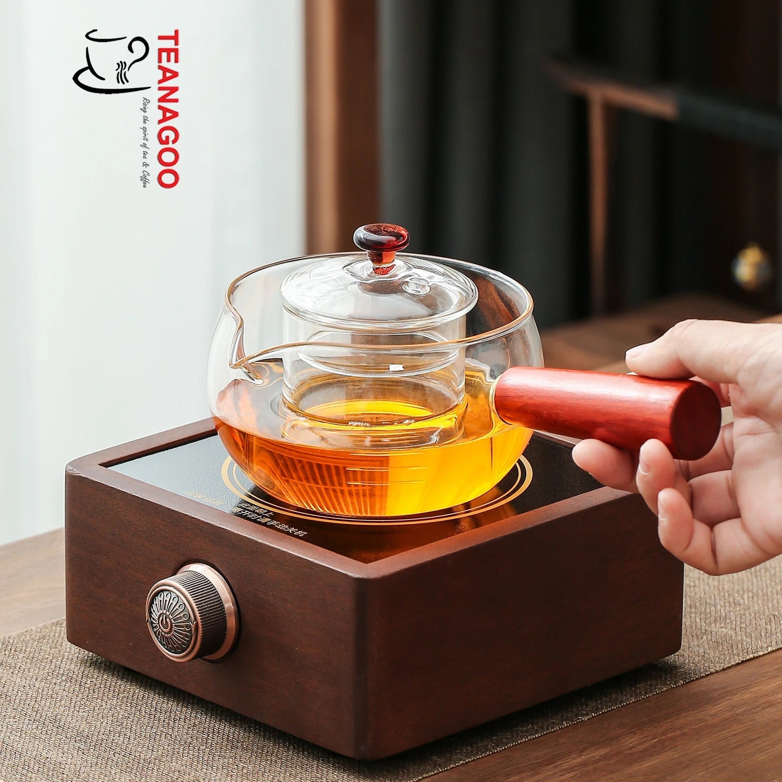 Handmade Heat Resisting Herbal Tea Glass Teapot with Rosewood Handle