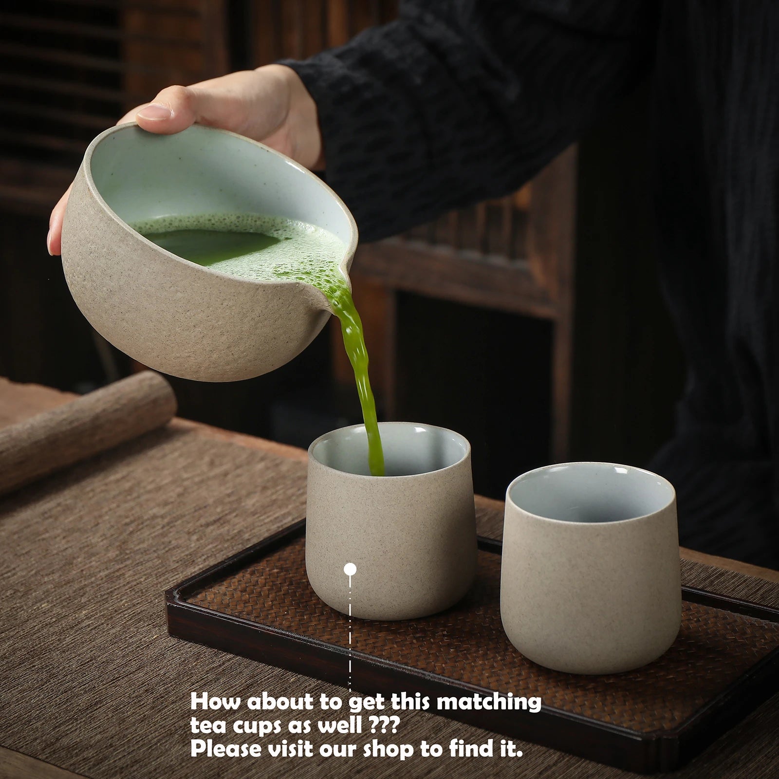 Japanese Ceramic Matcha Bowl with Whisk Holder, Pouring Spout Design, TG-K17