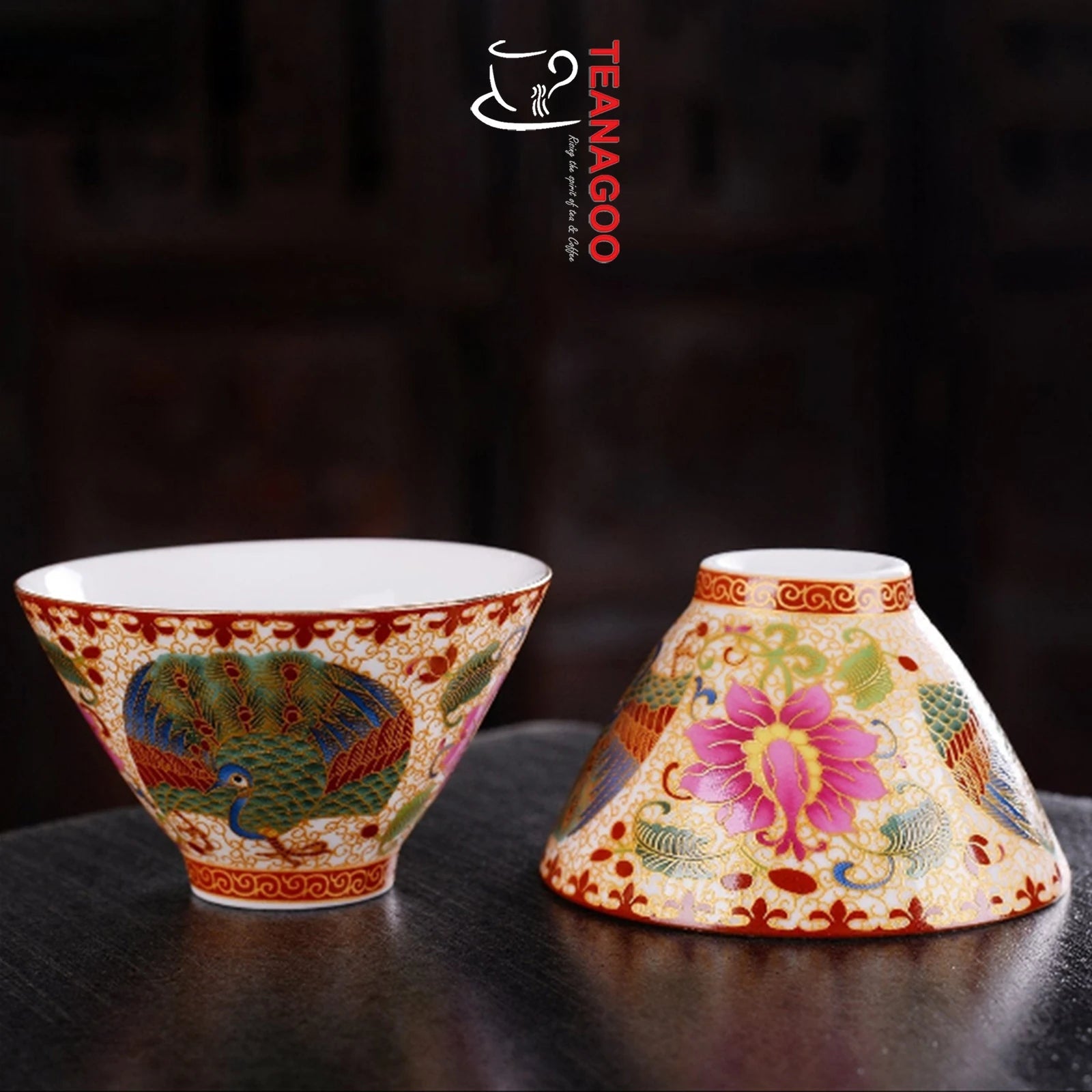 Porcelain Chinese tea cups, Peacock Peony